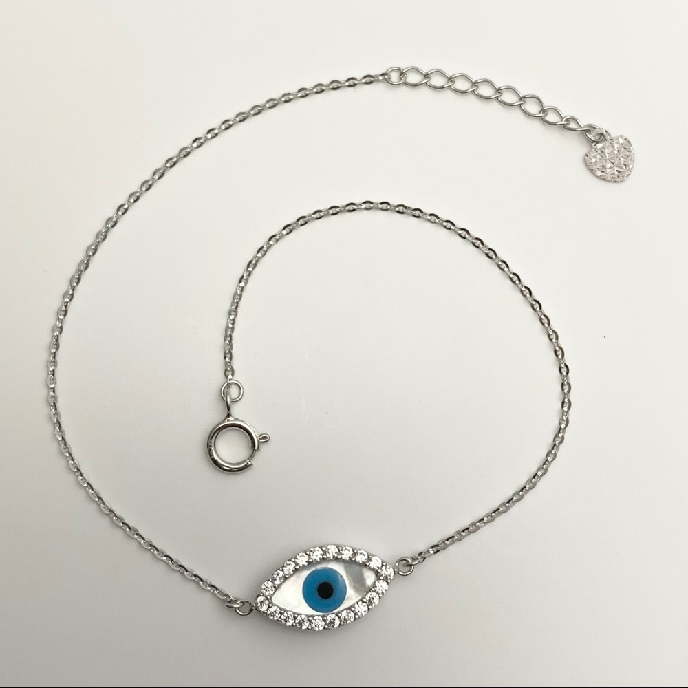 14K Solid White Gold Diamond Evil Eye Bracelet